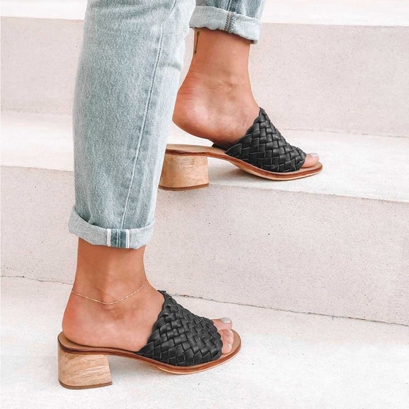 Coastal Summer Black Woven Slide Wooden Block Heel Leather Mules Liberté - Picture 9 of 14